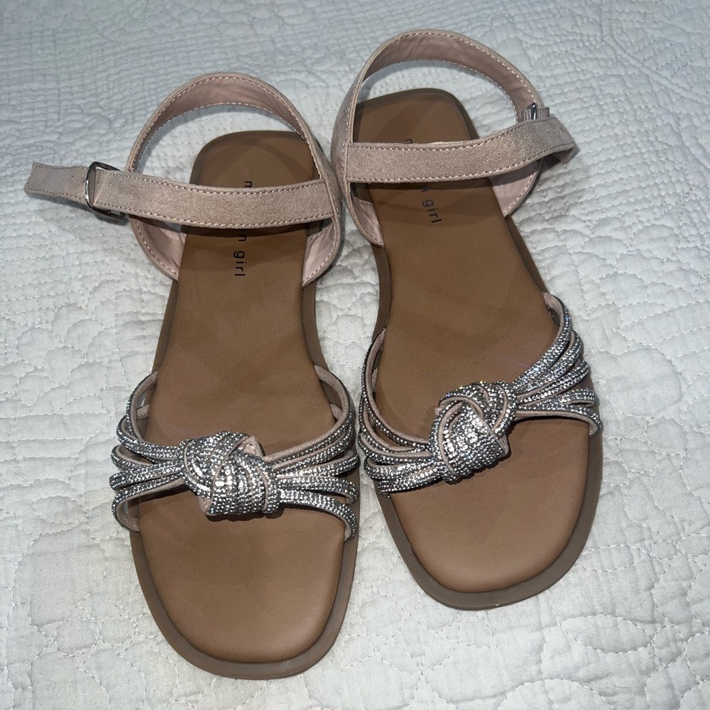 Neutral Beige Ankle-Strap Sandals with Silver Knot Bling Accent